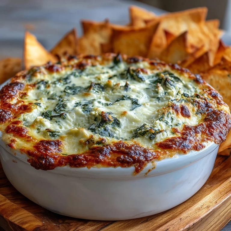 Rich and cheesy Spinach Artichoke Dip in a white baking dish, garnished with parsley and ready for a party appetizer spread.