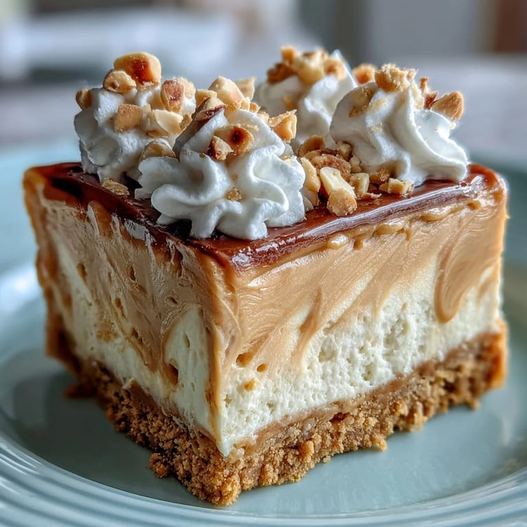 Nutter Butter cheesecake slice reveals creamy peanut butter swirls on a cookie crust.