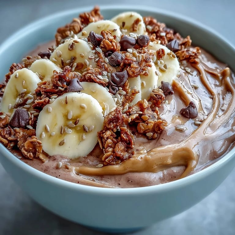 Decadent Chunky Monkey Smoothie Bowls topped with hemp seeds and chocolate chips, served for a healthy vegan breakfast.