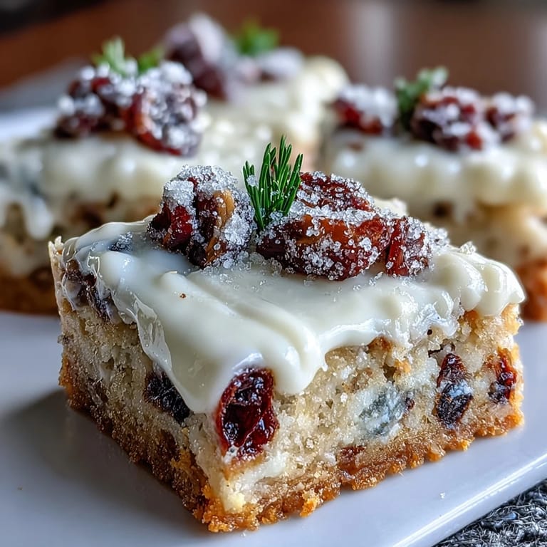 Frosted Cranberry Bliss Bars sprinkled with tart dried cranberries, ready for holiday dessert platters.