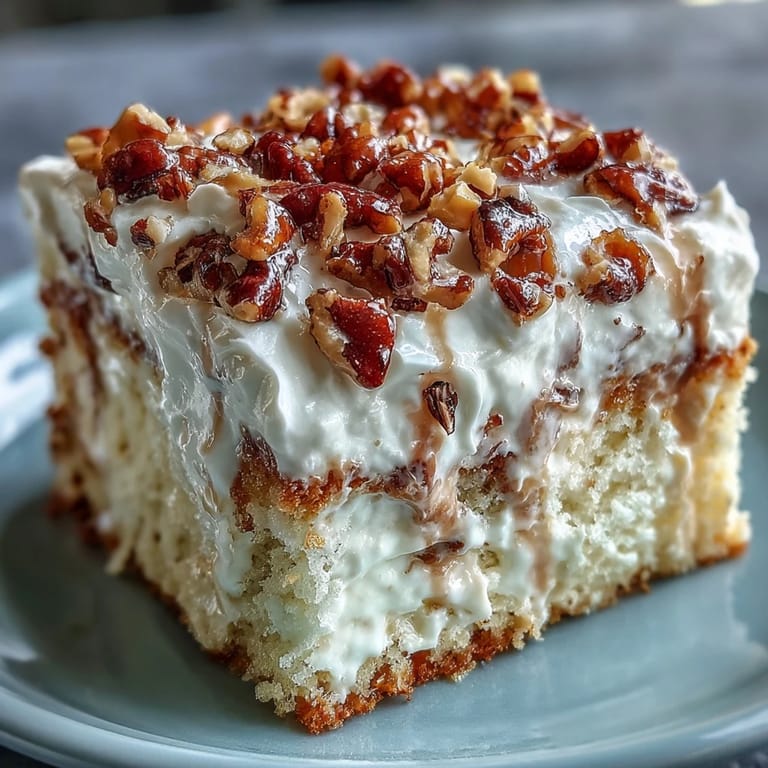 Golden buttered pecans garnish chilled slices of Butter Pecan Tres Leches Cake on a festive dessert platter.