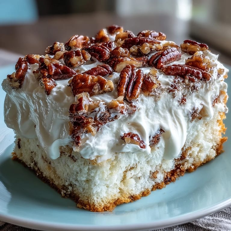 A slice of Butter Pecan Tres Leches Cake reveals fluffy whipped cream, a drizzle of caramel, and crunchy pecans.