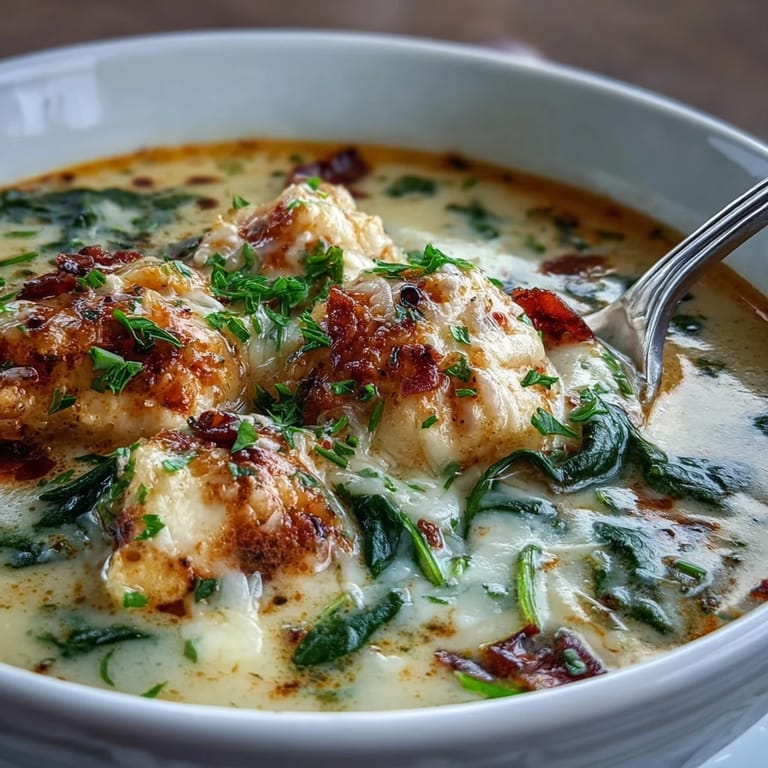 Rich Garlic Parmesan Chicken Soup ladled into a white bowl, steam rising, next to a crusty bread slice and fresh basil garnish.