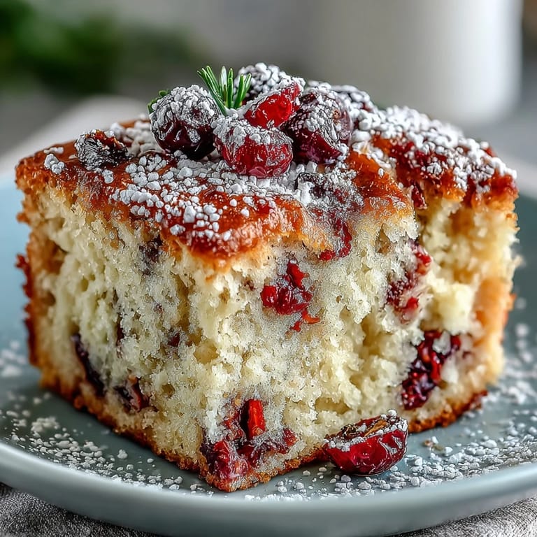 Warm slice of Cranberry Orange Breakfast Cake served on a plate, showcasing moist texture with bright orange zest and cranberries.