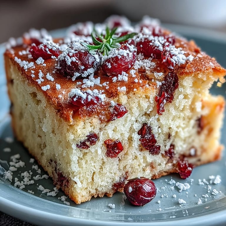 Overhead view of Cranberry Orange Breakfast Cake in a round pan, filled with chopped cranberries and specks of orange zest.