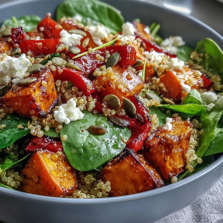 A vibrant Warm Salad Bowl featuring tender roasted vegetables, hearty greens, and toasted pumpkin seeds, drizzled with a warm apple cider vinaigrette.