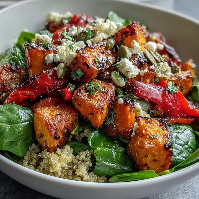 Steam rises from a Warm Salad Bowl with quinoa, colorful roasted veggies, and fresh herbs, ready for a wholesome vegetarian dinner.