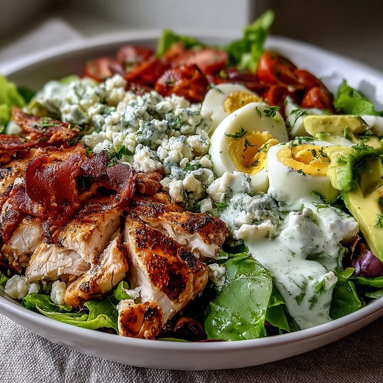 A classic Cobb Salad Bowl features tender grilled chicken, crispy bacon, ripe avocado, and tangy blue cheese over crisp greens.