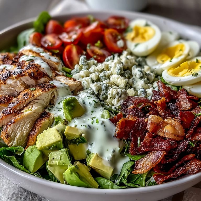 Colorful rows of diced tomatoes, hard-boiled eggs, and rich blue cheese accent this hearty Cobb Salad Bowl, drizzled with ranch.