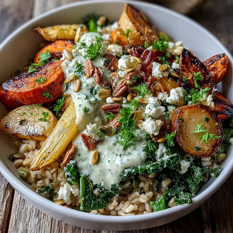 Enjoy this nourishing Hearty Winter Grain Bowl, a perfect mix of warm farro, wilted greens, and tangy feta.