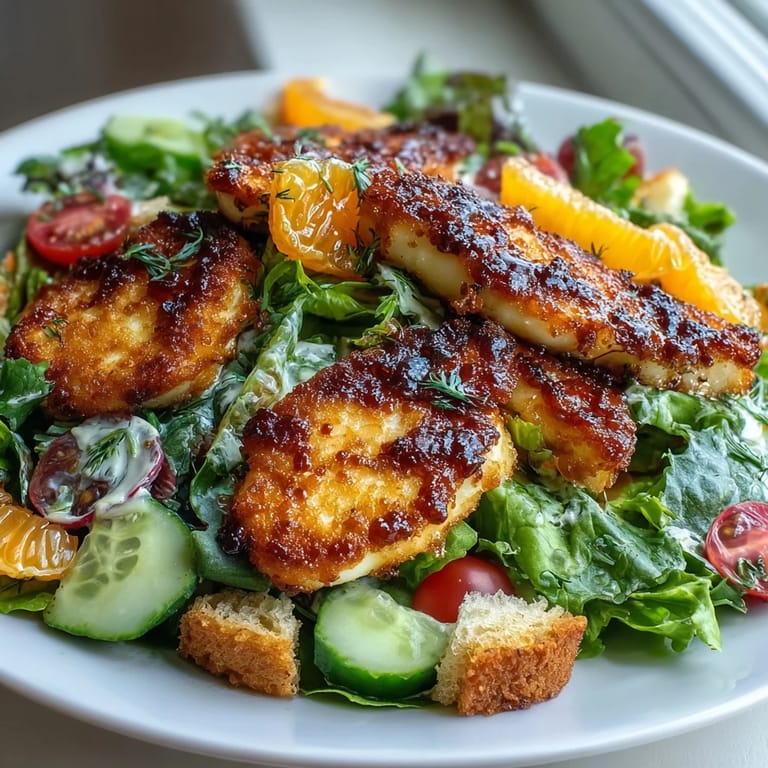 Crispy sourdough croutons and sliced radishes add texture to the Halloumi Blood Orange Fattoush recipe.