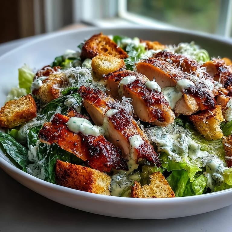 Tossed with creamy dressing, this Caesar Chicken Bowl shows vibrant greens and golden-brown chicken pieces.