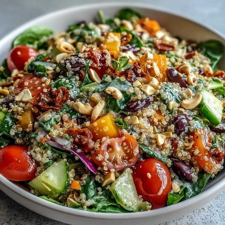 Hearty Rainbow Salad Bowl with black beans, purple cabbage, and carrots, drizzled with zesty dressing and seeds.