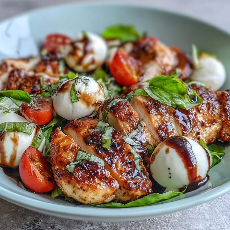 Freshly prepared Caprese Chicken Bowl featuring juicy chicken, creamy mozzarella, tomatoes, and basil with olive oil.