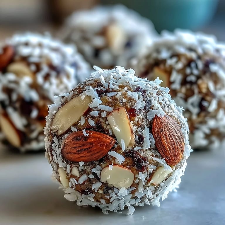 A close-up view of No-Bake Hojicha Energy Balls with cacao nibs garnish.