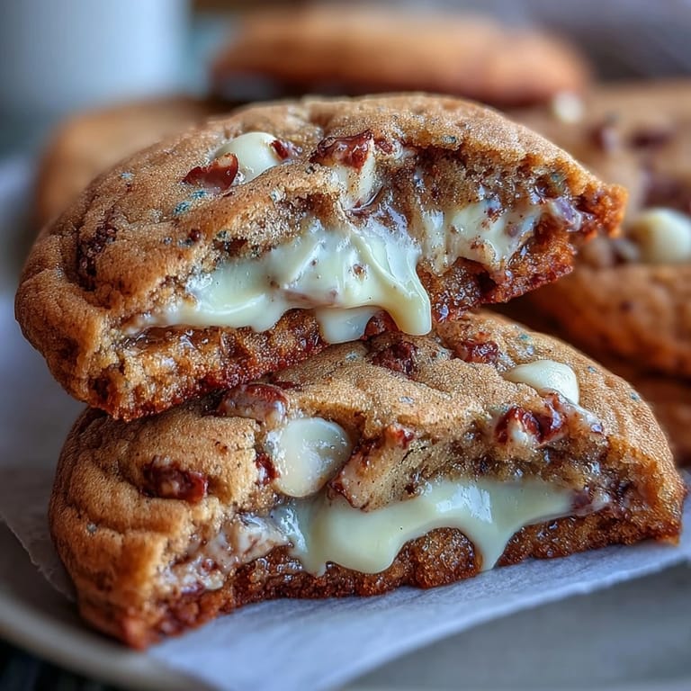 Close-up shot of Hojicha White Chocolate Cookies with a soft center and gooey white chocolate chips on a marble countertop.