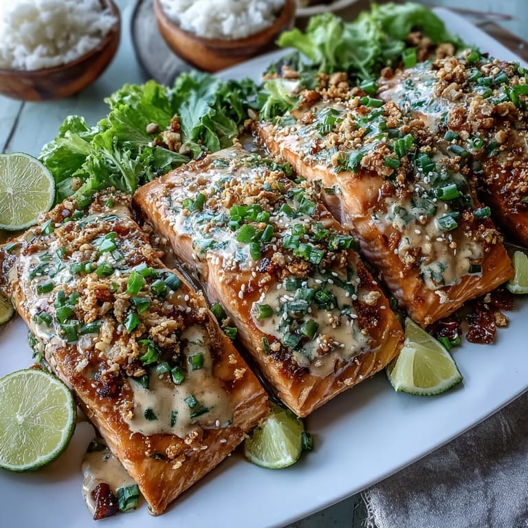 Golden pan-seared Bang Bang Salmon topped with spicy-sweet sauce, served alongside fluffy jasmine rice.