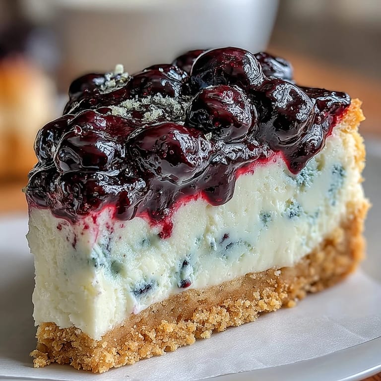 Slices of layered Lemon Blueberry Shortbread Mousse Cake served on white plates, highlighting the fluffy texture and rich blueberry topping.