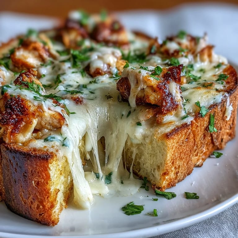 Sliced Chicken Alfredo Garlic Bread reveals creamy Alfredo sauce, tender chicken pieces, and a crisp buttered bread base.