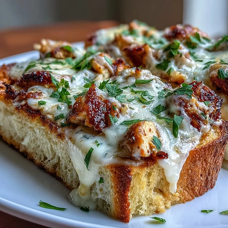 Freshly chopped parsley garnishes hot Chicken Alfredo Garlic Bread, with extra sauce for dipping alongside the cheesy slices.