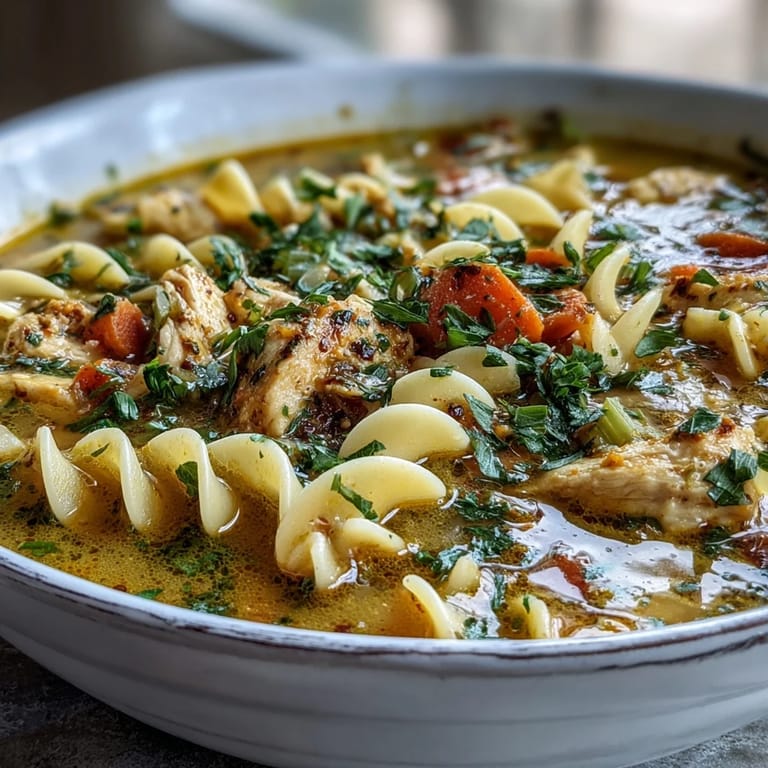 Comforting Ginger Turmeric Chicken Soup featuring vibrant spices, diced vegetables, and a rich, dairy-free broth for a nourishing meal.