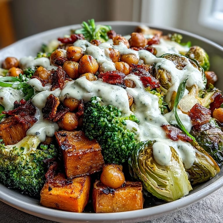 Vibrant Roasted Veggie & Chickpea Bowls with Maple Dijon Tahini Dressing served warm for a nourishing meal prep dinner