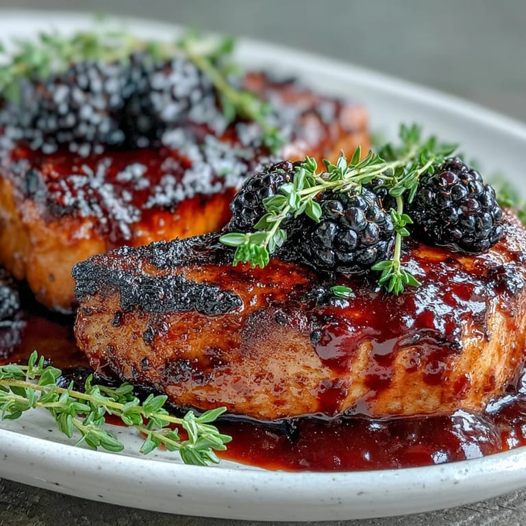 Sizzling boneless pork chops in a skillet with a bourbon blackberry glaze, fresh blackberries, and a sprig of thyme for garnish.