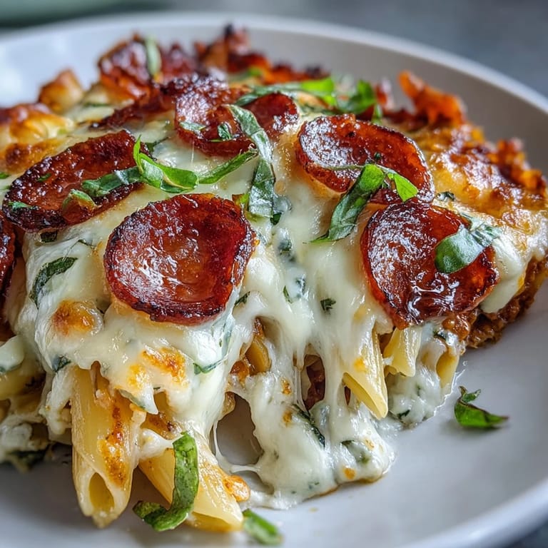 Close-up on High-Protein Pizza Pasta Bake showing golden cheese pull, vibrant red peppers, and pepperoni in a casserole dish.