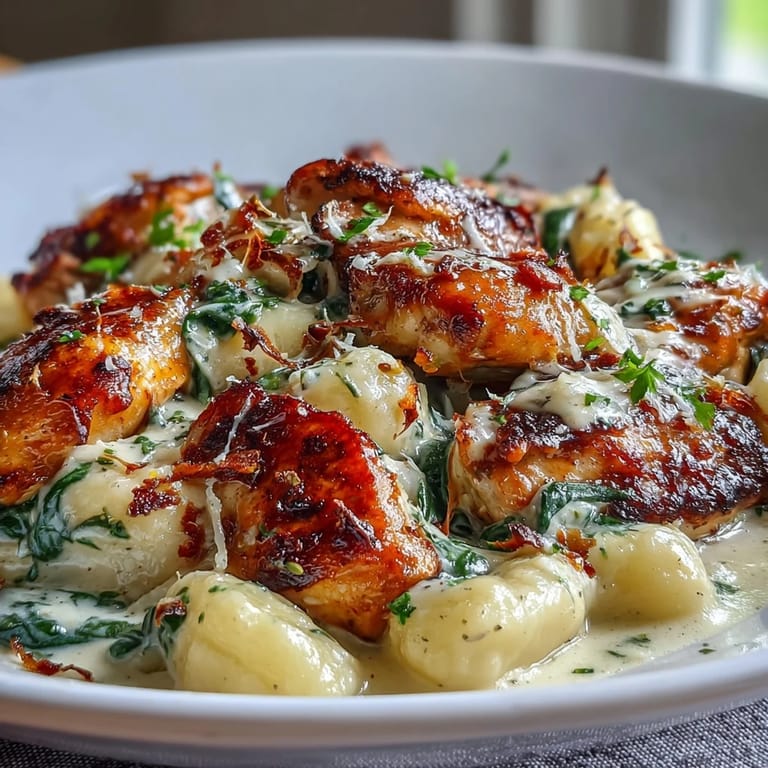 Served from the skillet, this One-Pan Creamy Garlic Chicken Gnocchi is topped with fresh parsley and grated Parmesan alongside crusty bread.