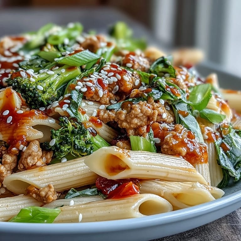 Glossy, vibrant Sweet & Spicy Turkey Broccoli Pasta in a skillet, garnished with green onions and sesame seeds for a quick dinner. 