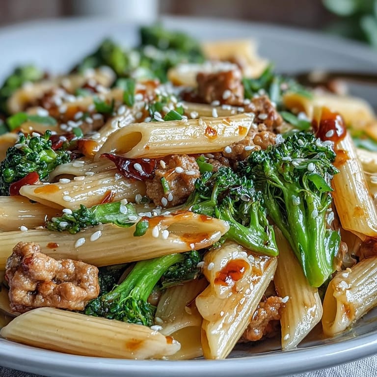 Close-up view of Sweet & Spicy Turkey Broccoli Pasta, highlighting tender turkey crumbles and bright red bell peppers in a savory glaze.