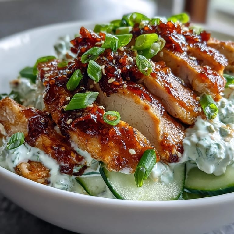 Sticky chili crisp is generously spooned over the juicy chicken and cool cucumbers, highlighting a spicy-savory fusion bowl ready to eat.