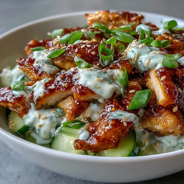 Sliced green onions and cilantro top this vibrant TikTok Chili-Crisp Cucumber Chicken Bowl, served beside fluffy jasmine rice for a complete meal.
