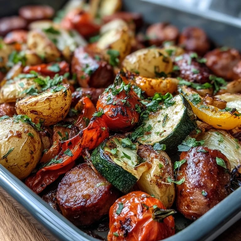 A hearty serving of Smoky Sheet Pan Sausage & Veggies with a side of buttery garlic naan, perfect for family dinners.
