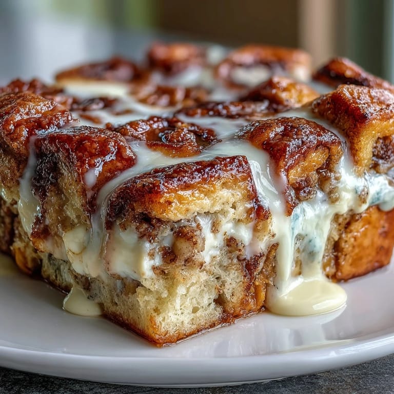 Served warm on a rustic table, this Cream Cheese Swirl Cinnamon Roll French Toast Bake looks soft and custardy.