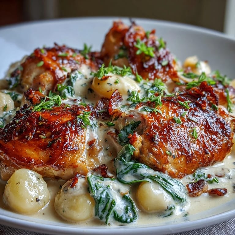 Family-style dinner showcases bone-in chicken thighs nestled into pillowy gnocchi and greens, with crusty bread alongside for soaking up the garlicky cream sauce.