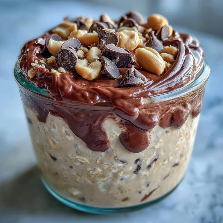 Spoons ready for these chocolate-topped Peanut Butter Cup Overnight Oats, packed with protein and peanut butter flavor.