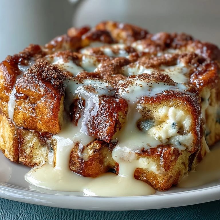 A slice of Cream Cheese Swirl Cinnamon Roll French Toast Bake served warm on a plate with maple syrup.