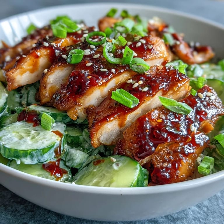 A close-up showcases juicy chicken and bright green cucumber salad in a TikTok Chili-Crisp Cucumber Chicken Bowl, topped with fresh cilantro.