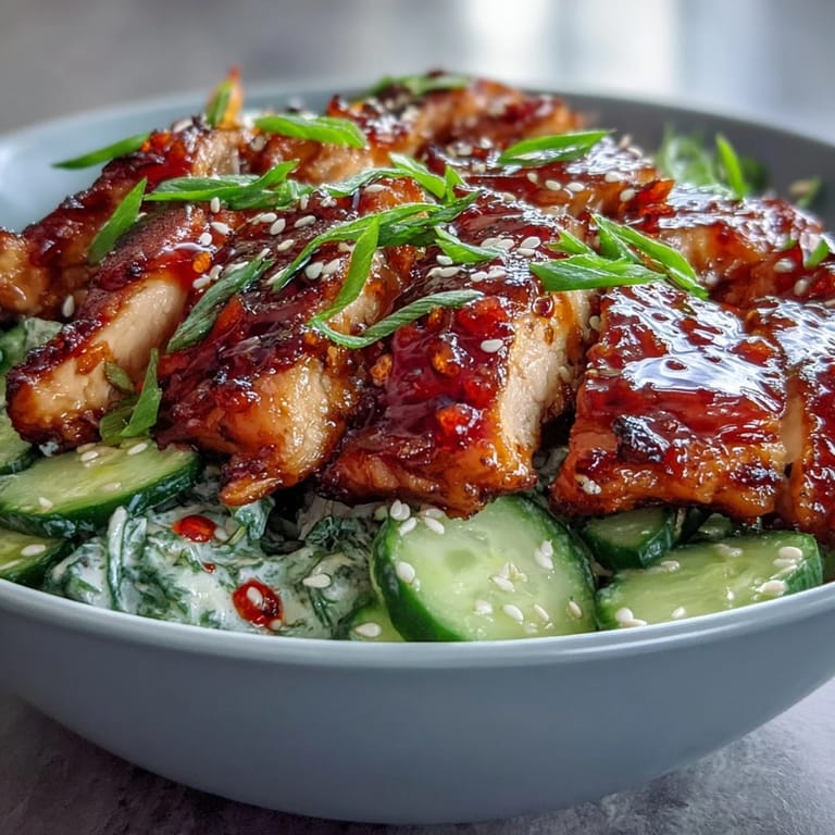Overhead view of a prepared TikTok Chili-Crisp Cucumber Chicken Bowl with fluffy rice, sliced chicken, and bold red chili crisp drizzle.