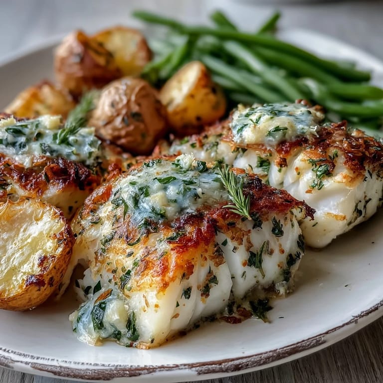 Close-up of Garlic Herb Butter Cod with a lemony herb crust, accompanied by golden baby potatoes and fresh green beans on a serving dish.