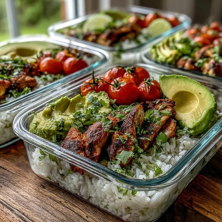 Vibrant Skinny Chicken Fajita and cilantro-lime rice topped with fresh avocado and tomatoes in clear glass meal prep containers.