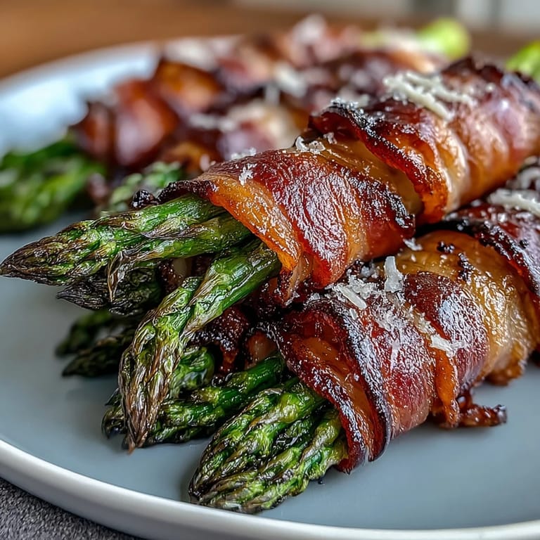 Savory Keto Bacon-Wrapped Asparagus Bundles with Parmesan roasted on a sheet pan, paired with grilled steak.