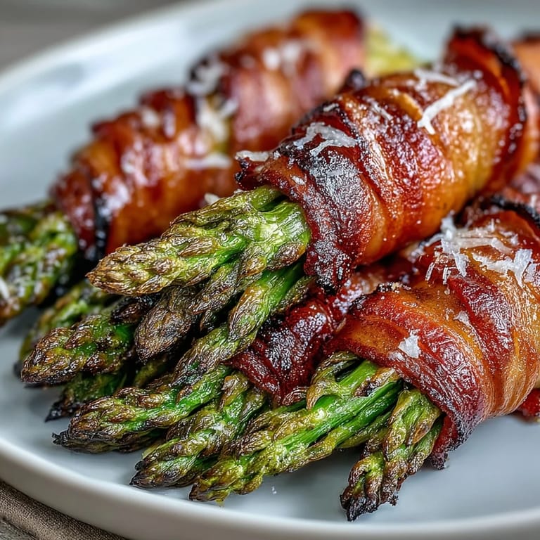 Melted Parmesan on tender Keto Bacon-Wrapped Asparagus Bundles, arranged on a rustic wooden board for easy serving.