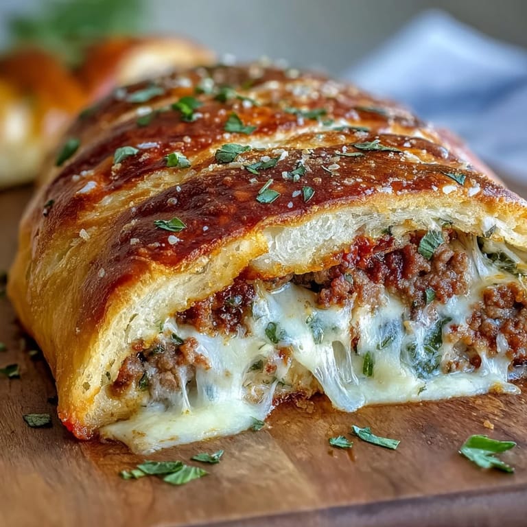 Close-up of Baked High-Protein Pepperoni Stromboli showcasing its flaky crust, savory beef, and generous, gooey cheese filling.