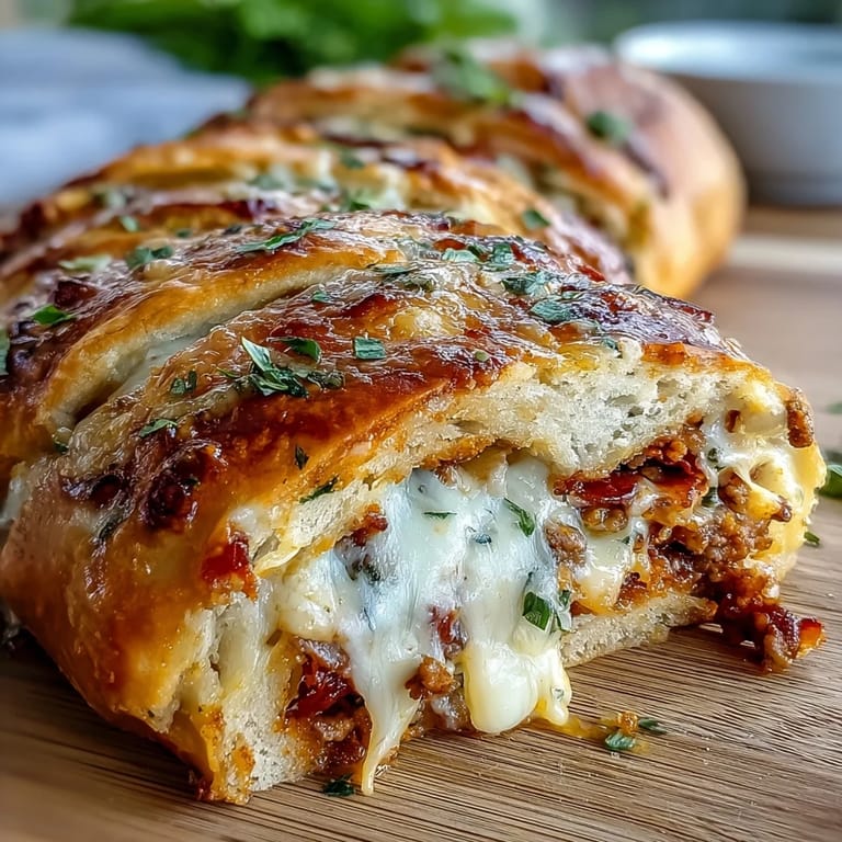 A close-up of Baked High-Protein Pepperoni Stromboli highlights its seasoned beef and pepperoni slices, served warm with a side of marinara dipping sauce.