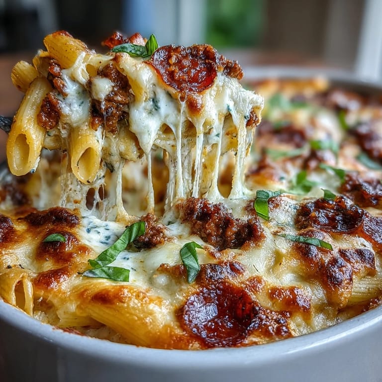 A hearty High-Protein Pizza Pasta Bake is scooped onto a plate next to a crisp green salad.