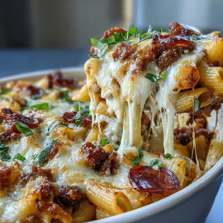 Steam rises from creamy High-Protein Pizza Pasta Bake featuring penne, lean beef, and melty cheese.