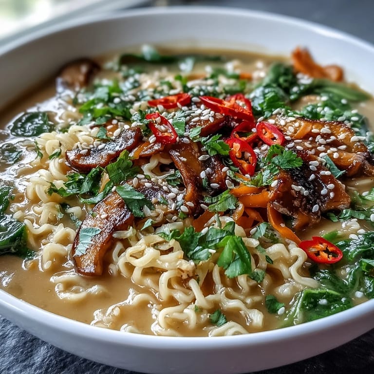 Ladle of Vegan Coconut Curry Ramen with Bok Choy and Mushrooms topped with sliced scallions and chili, served alongside crispy tofu.
