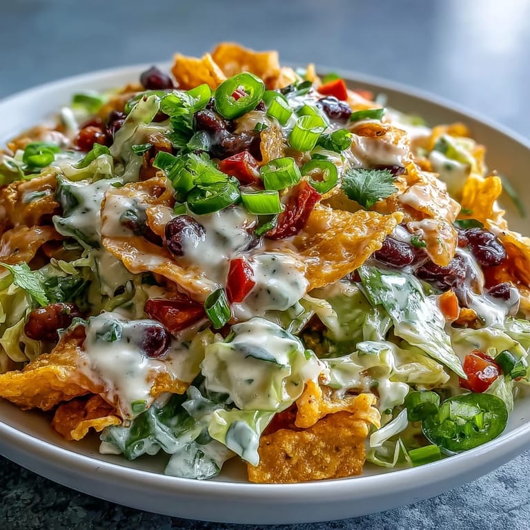 Colorful Cowboy Cabbage salad bursting with fresh vegetables, black beans, and Chili Cheese Fritos, drizzled with zesty chipotle-lime dressing.  